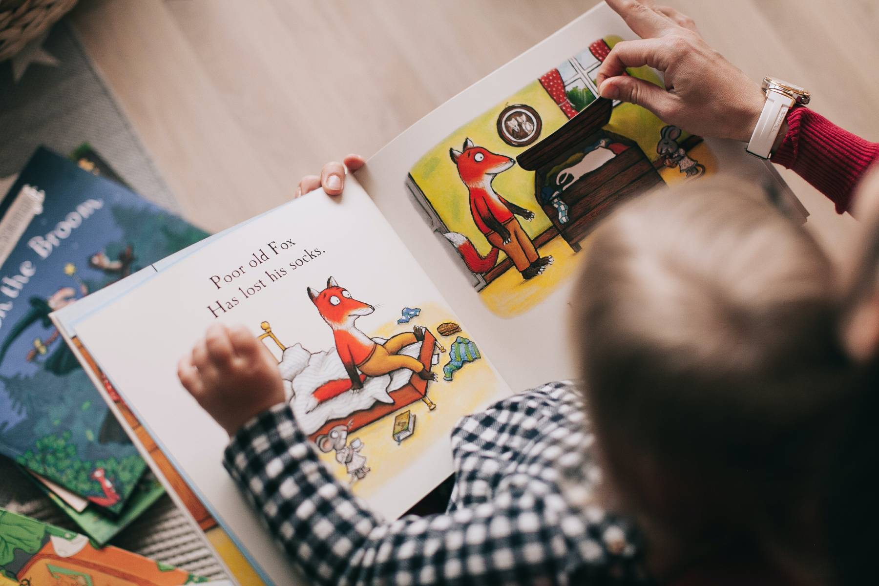 A young child reads a picture book
